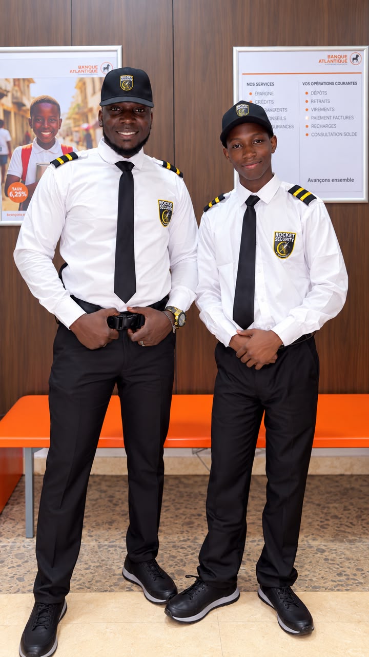 Deux agents Rocket Security en nouveaux uniformes, photographiés en pied