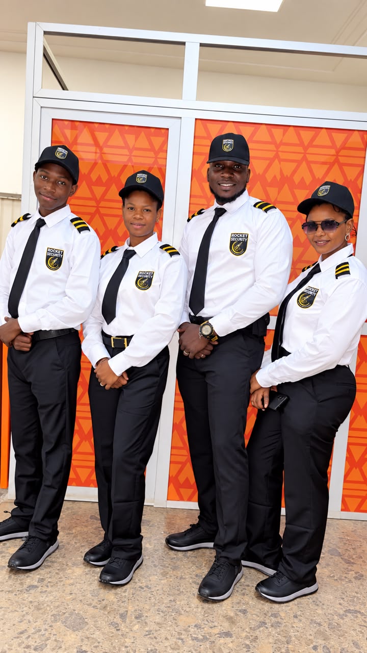 Quatre agents Rocket Security dans leurs nouveaux uniformes blancs et noirs